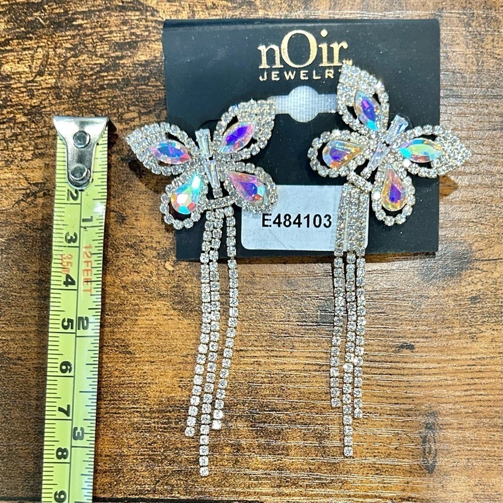 NWT nOir Iridescent Crystal Butterfly Clear Rhinestone Dangle Statement Earrings - Picture 3 of 5